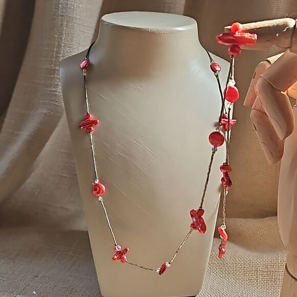 Long 40" Liquid Silver, Crystal and Pearlized Shell Necklace - Coral Red - Picture 2 of 8